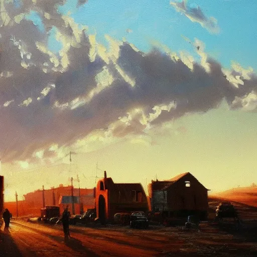 Image similar to oil painting of american landscape, western town, dusty street, sunrays, dramatic, very very very beautiful nature art, romanticism