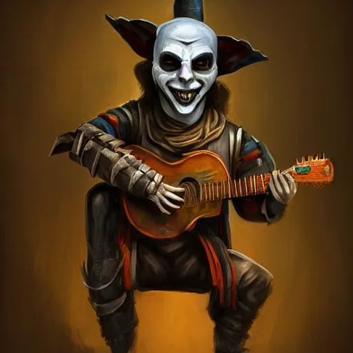 Image similar to a person with a mask playing a guitar, young handsome pale roma, grim dark jester from gwent cards, an ultrafine detailed painting by aleksander orłowski, artstation contest winner, sots art, concept art, da vinci, sketchfab