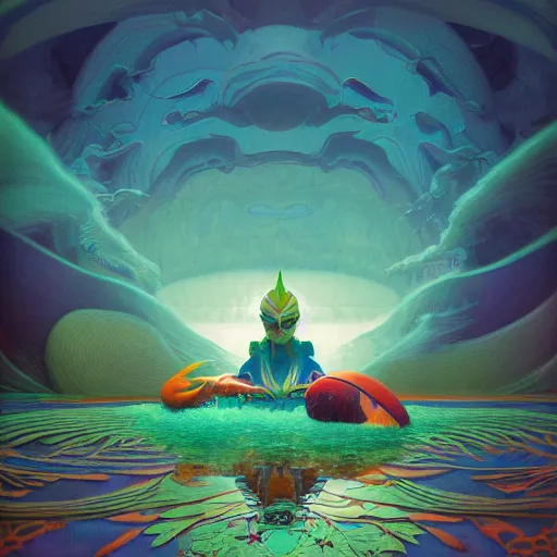 Prompt: colourful breathtakingly weird beautiful powerful magical wonderfully majestic beautifully cool character by michael whelan and moebius and beeple and dan mcpharlin and pascal blanche and jamie hewlett and richard dadd, symmetrical, serene expression, magical stormy reflections, smoke on water, 8 k artstation