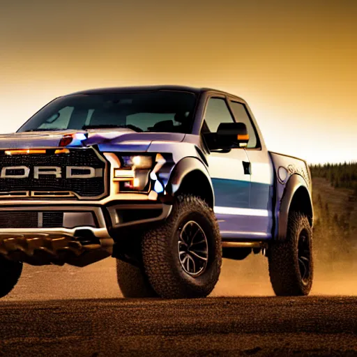 Prompt: a highly detailed photo of a ford raptor in alberta at sundown, 4 k high - resolution photograph, ultra detail, hd photo