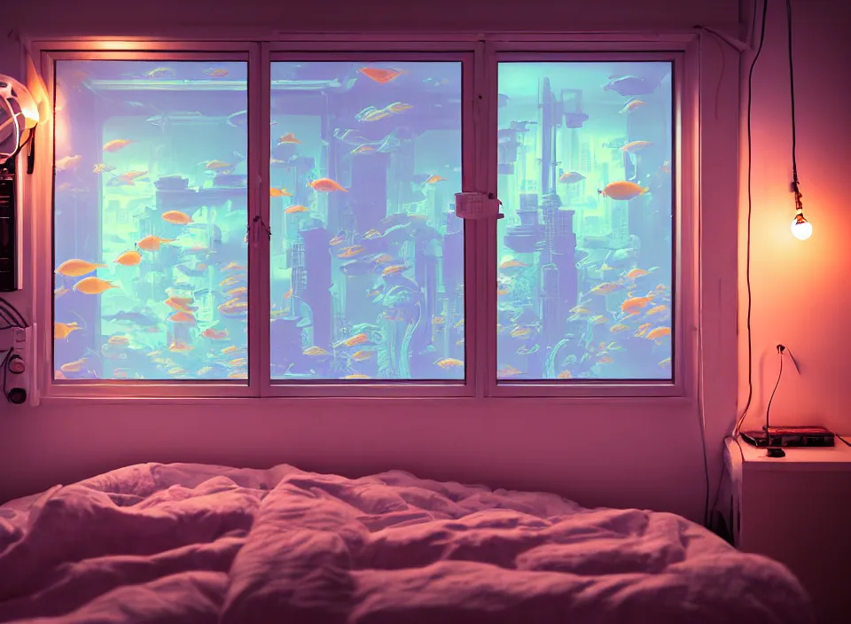 Prompt: telephoto 7 0 mm f / 2. 8 iso 2 0 0 photograph depicting the feeling of insomnia in a cosy cluttered french sci - fi ( art nouveau ) pale cyberpunk apartment in a pastel dreamstate art cinema style. ( aquarium, computer screens, window ( city ), led indicator, lamp ( ( ( weight rack ) ) ) ), ambient light.