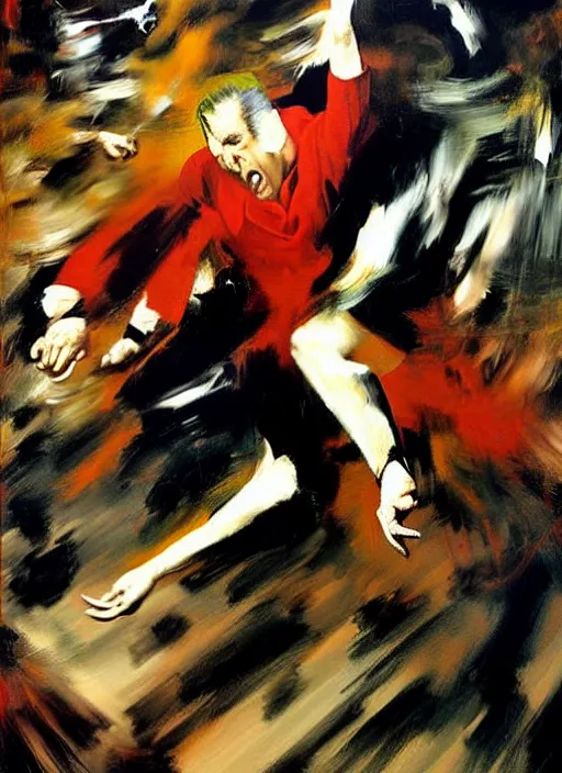 Image similar to slipping, saul goodman, screaming, slipping and flying, falling, flailing painting by phil hale, fransico goya, david lynch,'action lines '!!!, graphic style, visible brushstrokes, motion blur, blurry