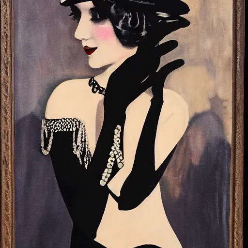 Prompt: a 1 9 2 0 s flapper woman offering her hand to dance in black satin gloves, enticing the viewer to join a jazz party taking place behind her in a dimly lit speakeasy, circa 1 9 2 4, depth of field, oil on canvas
