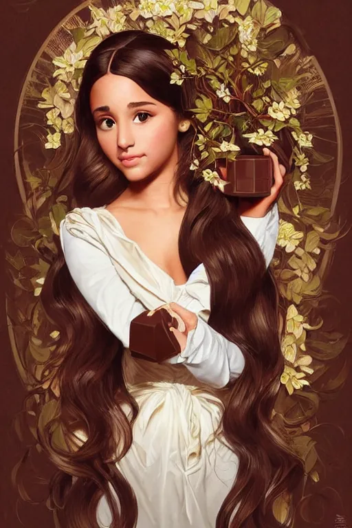 Prompt: beautiful cottagecore Ariana Grande holding a chocolate colored vase. intricate, elegant. the background is chocolate !. highly detailed, digital painting, artstation, concept art, smooth, sharp, focus, illustration. . art by artgerm and greg rutkowski and alphonse mucha