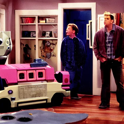 Image similar to promotional still wide friends ( tv ) : the one where joey buys a robot, dramatic lighting, ( e. t. the extra - terrestrial ), batteries not included, harry potter, octane 3 d render, ue 5, imax, 7 0 mm.