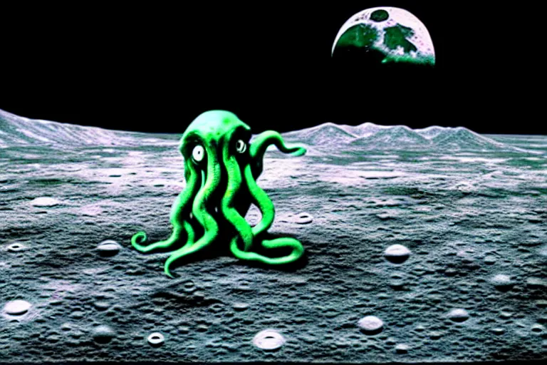 Image similar to 🤡 cthulhu on the lunar surface, moon, horizon, photorealistic, movie still