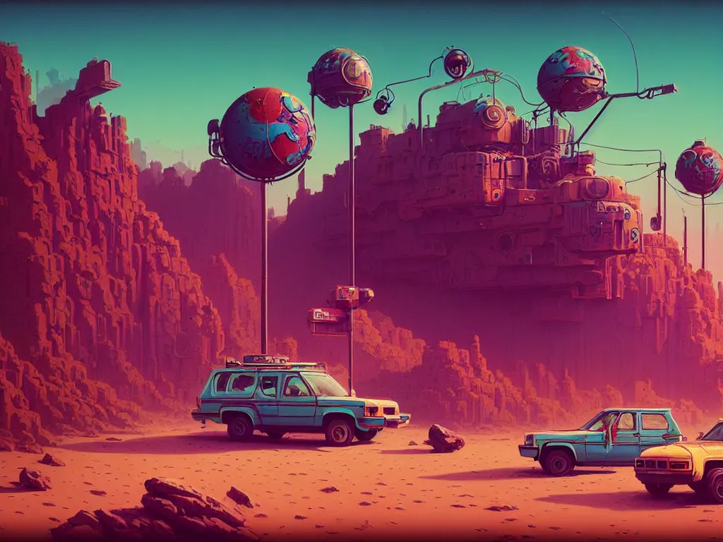 Image similar to 80s outdoor retro arcade, desolate, desert vegetation:: Simon Stålenhag and beeple and James Gilleard and Justin Gerard :: ornate, dynamic, particulate, intricate, elegant, highly detailed, centered, artstation, smooth, sharp focus, octane render, 3d