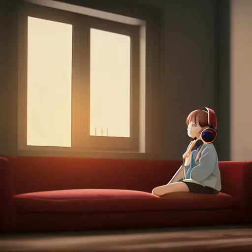 Prompt: girl sits on the sofa and listens to music, the sun shines through the window, highly detailed, 8 k, by kyoto animation