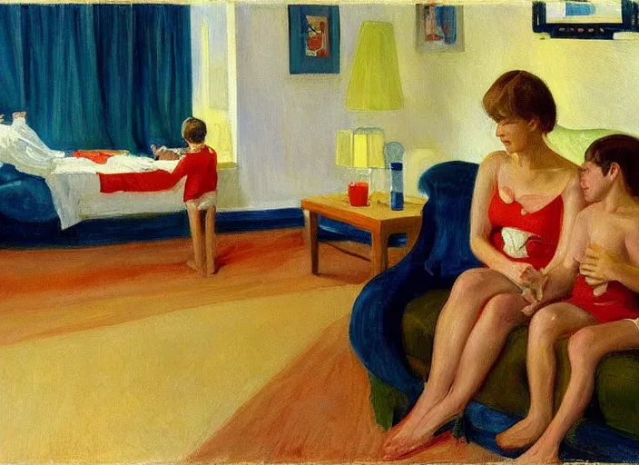 Prompt: detailed painting of mother with two sons aged 6 and 9 on vacation in the druskininkai resort by edward hopper