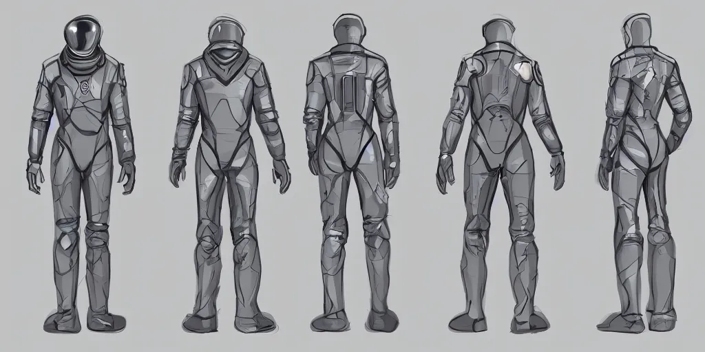 Image similar to male, space suit, character sheet, concept art, stylized, large shoulders, large torso, long thin legs, exaggerated proportions, concept design