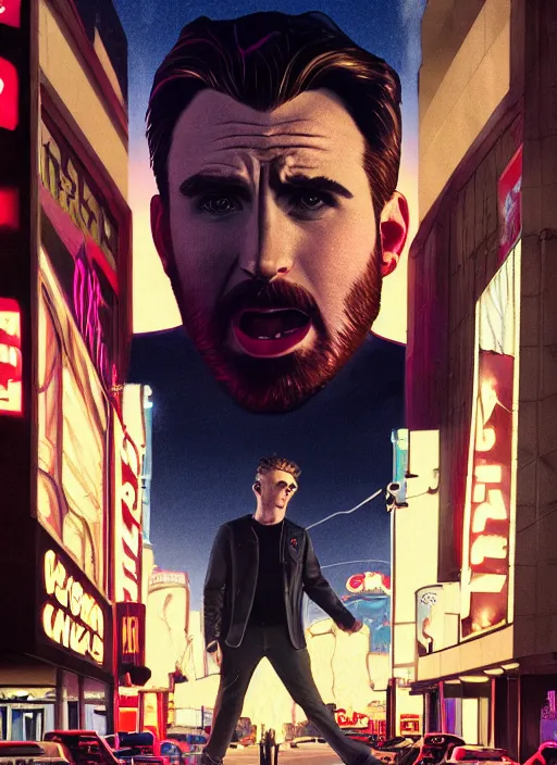 Prompt: 35mm kodak portra portrait of chris evans as a darkwave vampire on the Las Vegas strip at night by tomer hanuka and tom bagshaw, hyper realism, high detail, octane render, 8k, trending on artstation, CGsociety, concept art