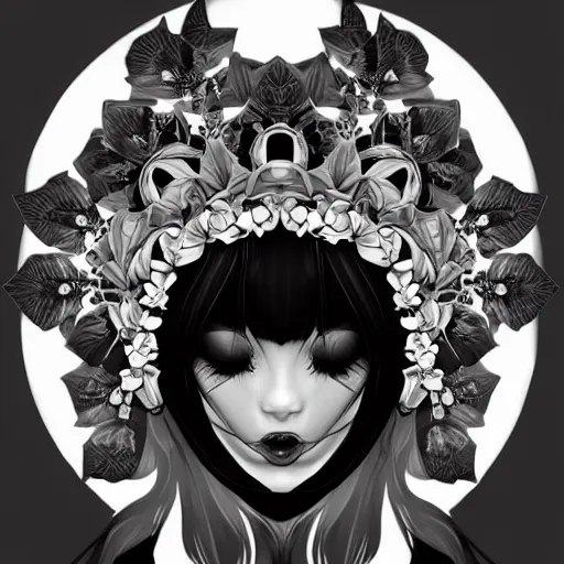 Prompt: beautiful dark goddess, black flower crown, stunning, trending on artstation, symmetrical