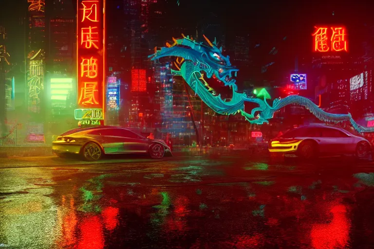 Image similar to cinematic wide angle shot of a neon cybernectic chinese dragon, midnight city lights, rain puddles, strong bokeh, dramatic lighting, unreal engine, cgsociety, artstation, 4k