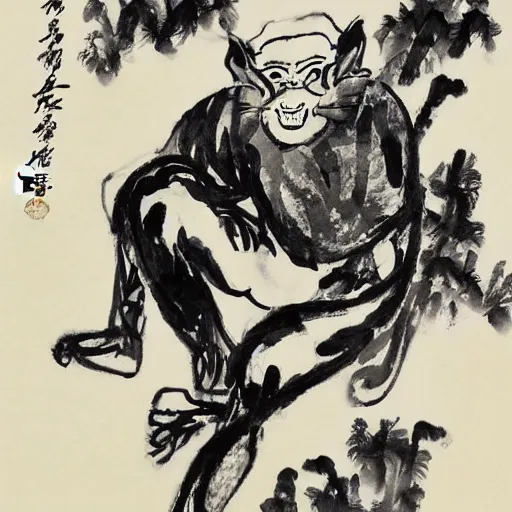 Prompt: a Chinese ink painting, taoism wukong , HD,