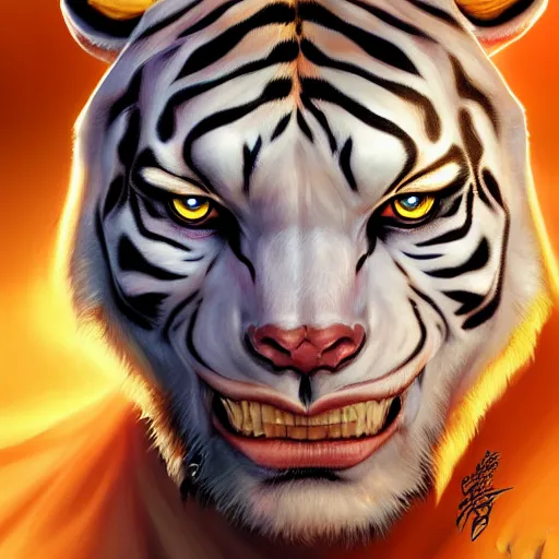 Image similar to a esthetic portrait commission of a muscular antrho albino tiger wearing the superman outfit,hyperdetailed face,character design by charlie bowater,ross tran,artgerm,makoto shibkai,photorealistic,western comic book art,film poster,deviantart,artstation