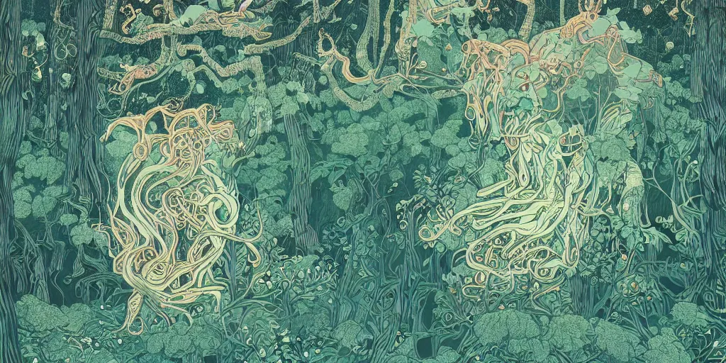 Prompt: detailed illustration of a of a monster in an ornate forest by victo ngai