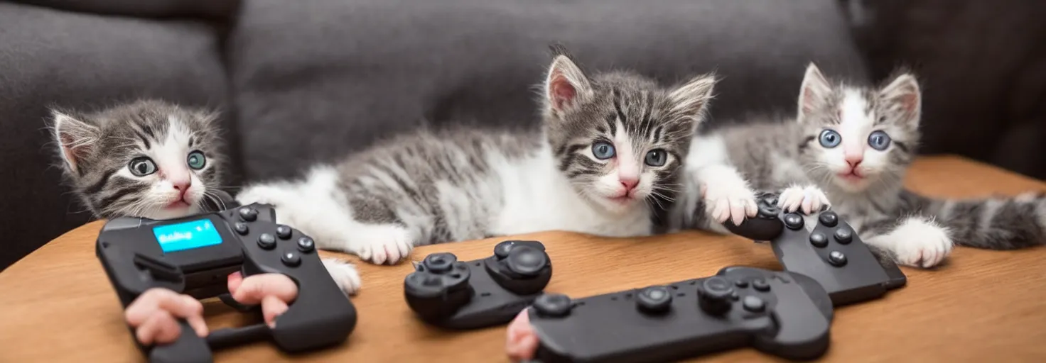 Image similar to a cute kitten playing a video game on an nintendo switch while sitting on the couch
