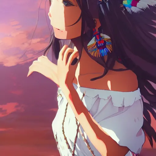 Image similar to a beautiful women instagram model, brown skin, wearing elegant catholic school girl designer fashion with mayan pattern and native style, aztec street fashion, gapmoe yandere grimdark, trending on pixiv fanbox, painted by greg rutkowski makoto shinkai takashi takeuchi studio ghibli, akihiko yoshida