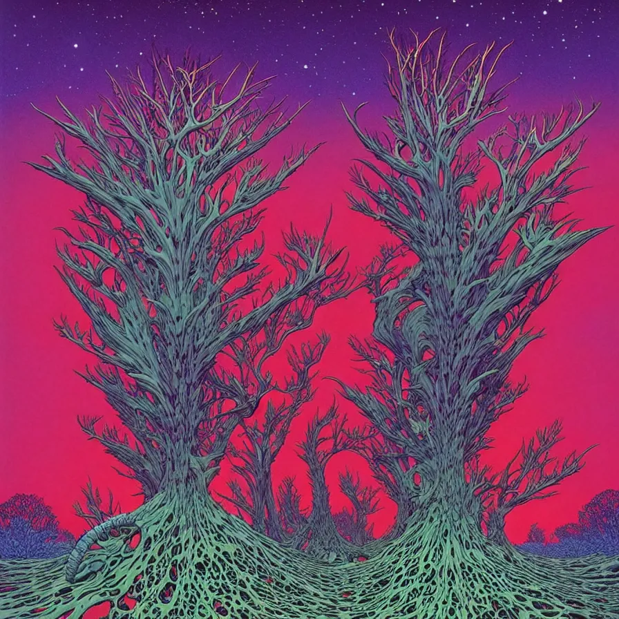 Image similar to ( ( ( strange forest on an unknown planet ) ) ) by mœbius!!!!!!!!!!!!!!!!!!!!!!!!!!!, overdetailed art, colorful, record jacket, warm tones, bioluminescent