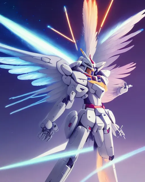 Image similar to highly detailed vfx portrait of an angelic gundam with wings of feathers beam saber fighting in space with a beam gun, unreal engine, greg rutkowski, loish, rhads, beeple, makoto shinkai and lois van baarle, ilya kuvshinov, rossdraws, tom bagshaw, alphonse mucha, global illumination, detailed and intricate environment