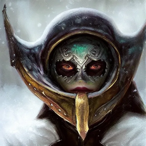 Image similar to “ fantasy snow bandit ‘ icewind dale ’ with mask, portrait by ‘ justin sweet ’, soft focus, illustrated, oil paint, artstation ”