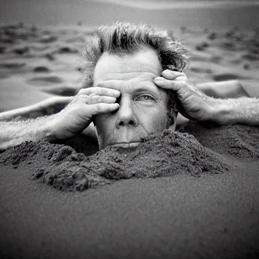 Image similar to tom waits buried in the sand up to his head with the tide approaching quickly, gorgeous image, professional photograph, great lighting, 4 k