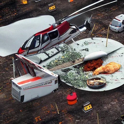 Image similar to a crashed helicopter next to a giant fried chicken, 8k resolution, amazing detail