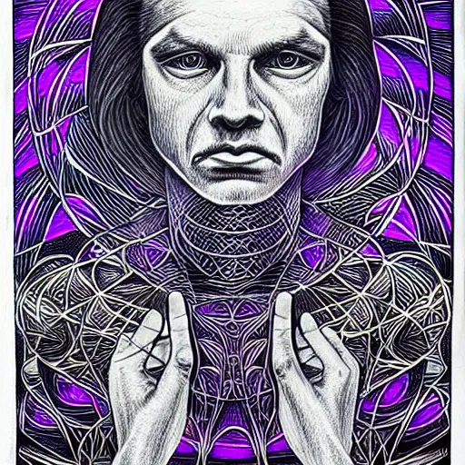 Image similar to an alex grey drawing, micron pen, black ink, a portal to another dimension, purple, portrait