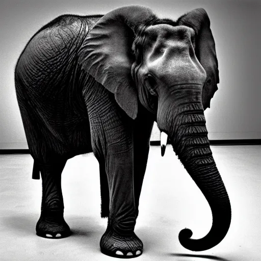 Image similar to photo of elephant staying in the empty office, black & white by annie leibovitz