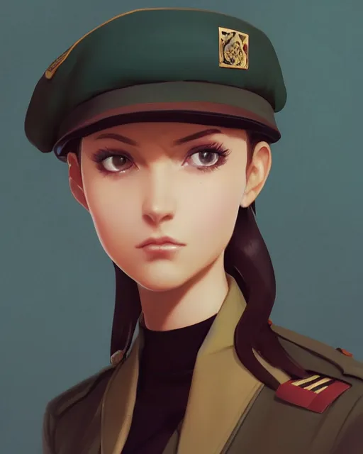 Image similar to young woman with shoulder length light brown hair and hazel eyes dressed in a sharp dark teal military uniform and beret, anime, ilya kuvshinov, greg rutkowski, guweiz, ross tran, loish, svetlana tigai, artgerm, artstation trending, concept art, digital painting