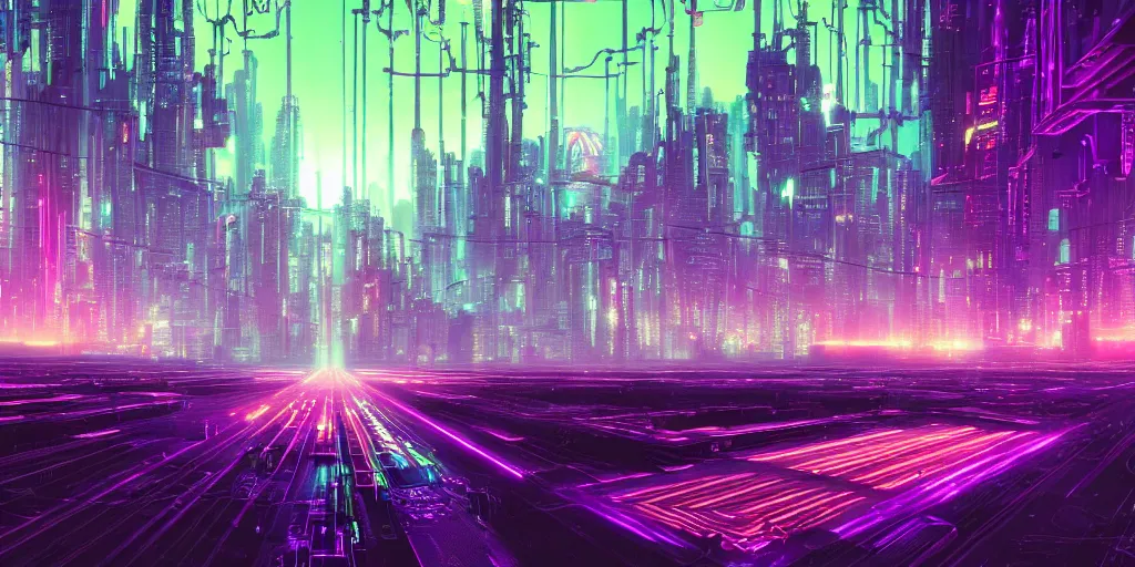 Prompt: a landscape view of a cybernetic cathedral overlooking an higway made of rows of glowing codes and symbols, energy surges, cyberpunk, beautiful detailed, cinematic, strong lighting, hi - fructose art magazine, photorealistic, 8 k, gradient cyan to purple, by paul lehr and david heskin