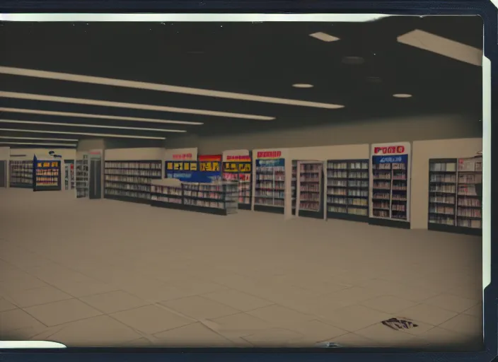 Image similar to polaroid photograph of an empty blockbuster store, liminal space, familiar place, mannequins, black mold, amateur, unreal engine, photorealistic, trending on artstation