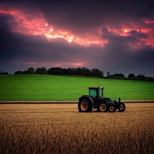 Prompt: tractor driving through field, sunset, ominous sky, beautiful photo, dslr photo, high detail, realism