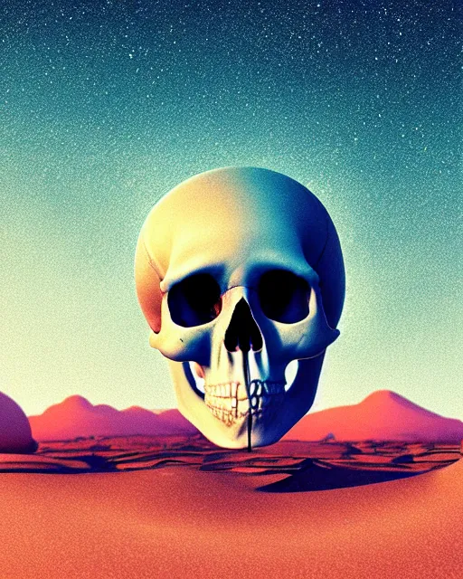 Prompt: epic composition of a skull in dystopian dessert landscape by stuart lippincott, 8 k trending on behance