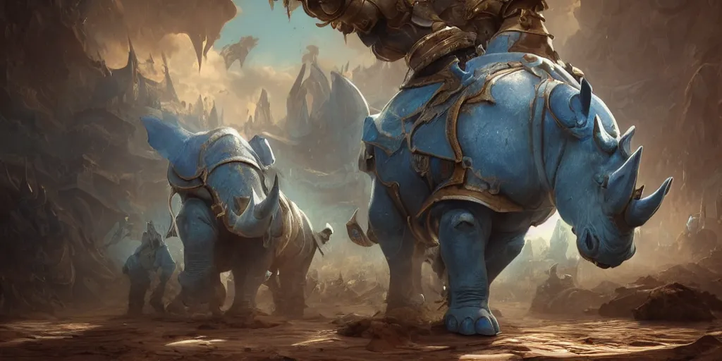 Prompt: an anthropomorphic blue Rhinoceros wearing plate paladin armor, forward facing angle, concept art, character design, stunning 3d render , art by Tooth Wu and justin gerard and Blizzard studios, dim volumetric lighting, 8k octane beautifully detailed render, post-processing, extremely hyperdetailed, intricate complexity, epic composition, grim yet sparkling atmosphere, masterpiece, trending on artstation