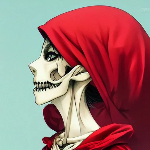 Prompt: anime manga skull portrait young woman skeleton, profile, red riding hood, unreal engine, Disney, intricate, elegant, highly detailed, digital art, art by JC Leyendecker and sachin teng