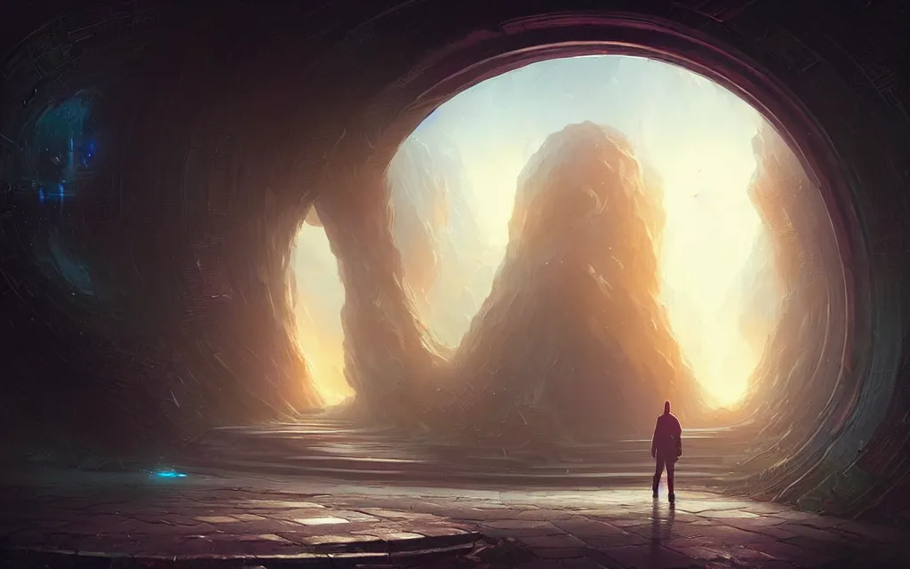 Prompt: back view of a man walking through an interdimensional warp gate | a magical round gate | dreamy | ethereal | digital art by greg rutkowski and dan mumford | highly detailed | trending on artstationhq