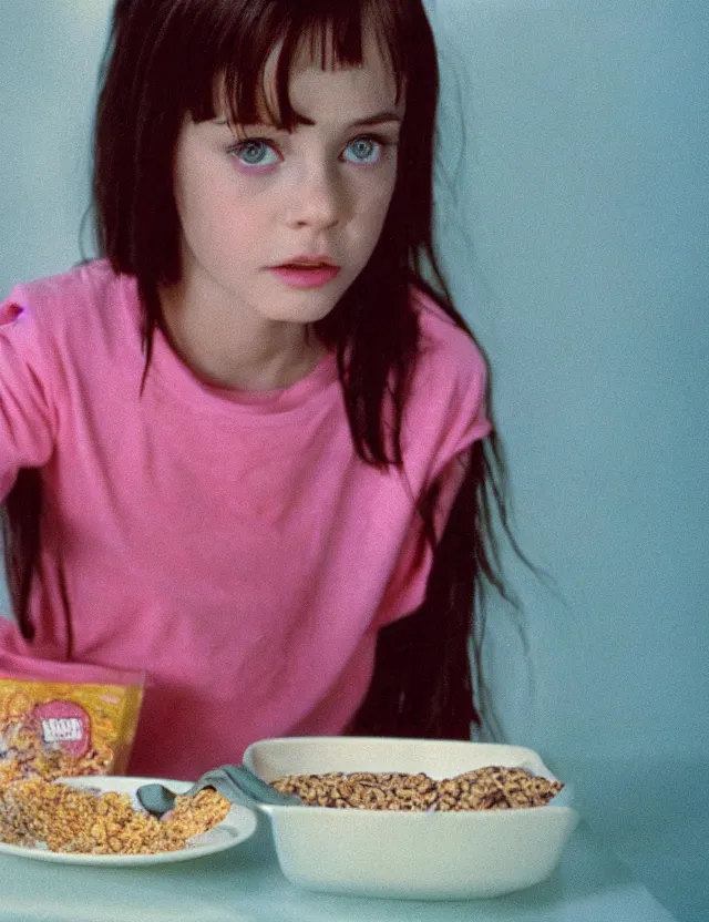 Image similar to young courtney cox eating cereal in an oversized shirt, redshift, colour shift, wide shot, coloured polaroid photograph, pastel, kodak film, hyper real, stunning moody cinematography, by maripol, fallen angels by wong kar - wai, style of suspiria and neon demon, david hockney, detailed, oil on canvas