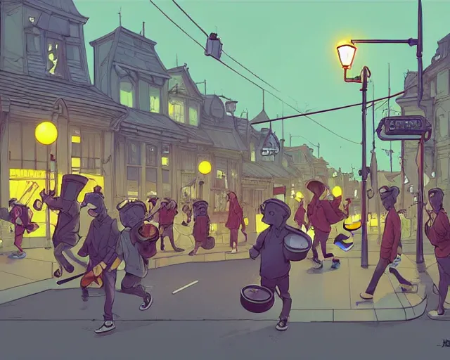 Prompt: a study of cell shaded cartoon of music band playing music street lamps, road, illustration, wide shot, subtle colors, post grunge, concept art by josan gonzales and wlop, by james jean, Victo ngai, David Rubín, Mike Mignola, Laurie Greasley, highly detailed, sharp focus, Trending on Artstation, HQ, deviantart, art by artgem