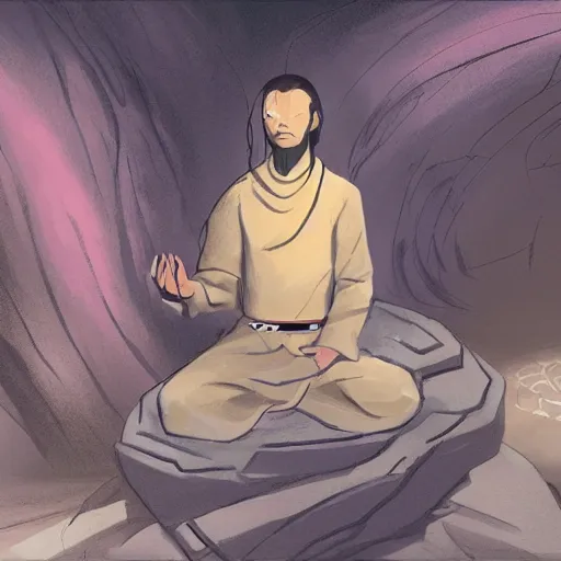 Prompt: concept art of a Jedi meditating in a crystal cave