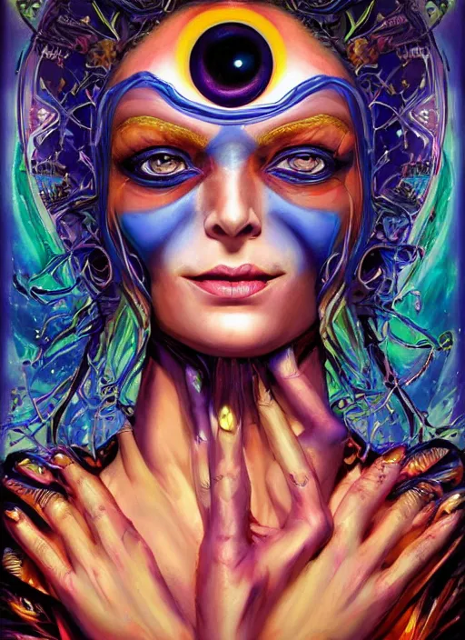 Prompt: gorgeous magic cult psychic woman smiling, third eye, energetic consciousness psychedelic, epic surrealism expressionism symbolism, story telling, iconic, dark robed, oil painting, symmetrical face, dark myth mythos, by Sandra Chevrier Tim Hildebrandt, Wayne Barlowe, masterpiece cinematic composition, dramatic pose, beautiful lighting, sharp, details, hyper-detailed, HD, HDR, 4K, 8K