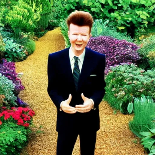 Image similar to Rick astley rickroll meme, ultrarealistic, garden