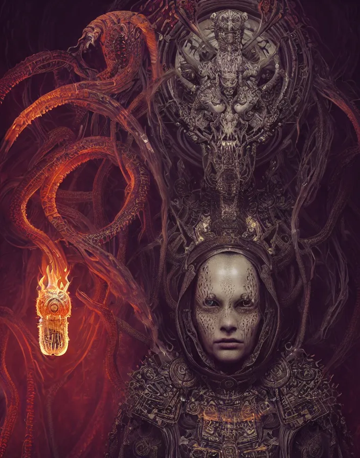 Prompt: demon goddess close-up portrait tribal slavic russian monk in hooded robe skull, sitting on intricate throne, ancient high tech, cyberpunk, dystopian, jellyfish phoenix dragon, butterfly squid, burning halo, intricate artwork by Tooth Wu and wlop and beeple, greg rutkowski, very coherent symmetrical artwork, cinematic, hyper realism, high detail, octane render, unreal engine, 8k, Vibrant colors, Smooth gradients, High contrast, depth of field, aperture f1.2