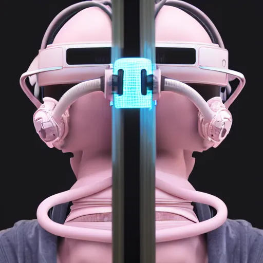 Image similar to intense futuristic bespoke vr headset respirator with long cables like dreadlocks on a set of twin humble hypebeasts, by ilya kuvshinov and james jean and sorayama and ikeuchi and hyein seo and hiroya oku and gilleard james, artstation trending, 8 k, 3 d render, photorealistic, volumetric lighting caustics, pink