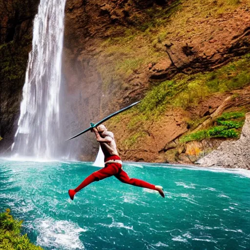 Image similar to man with sword jump of the cliff in front of the waterfall, dragons flying around, anime, realistic shot, nature, animal planet, superhero