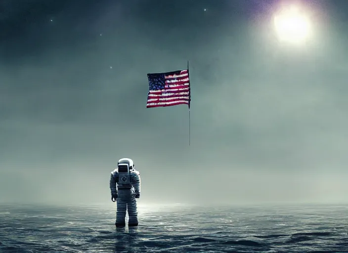Prompt: astronaut holding a flag in an underwater desert. a submarine is visible in the distance. dark, concept art, cinematic, dramatic, atmospheric, 8 k, trending on artstation, low visibility, fog, ocean floor, christopher nolan, interstellar