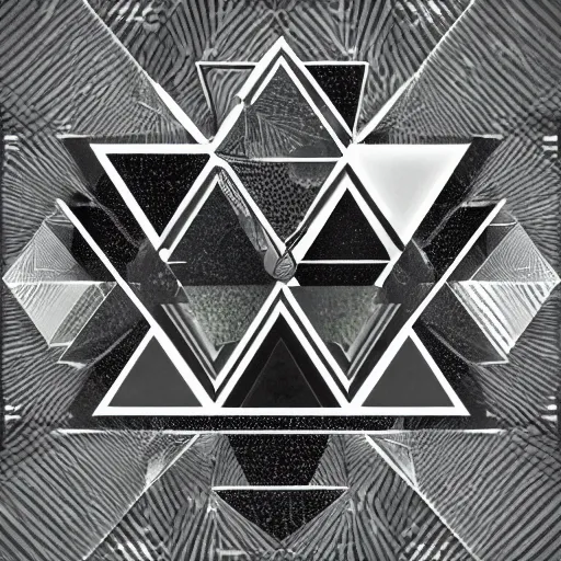 Image similar to a picture of a bunch of triangles on a black background, an album cover by wolfgang zelmer, behance contest winner, crystal cubism, tesseract, holographic, psychedelic