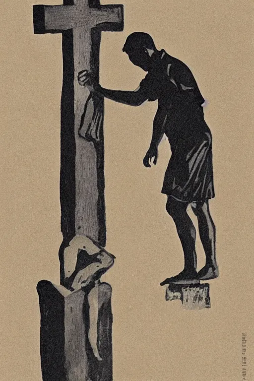 Image similar to man kneeling at the base of a wooden cross, 1960’s advertising art illustration