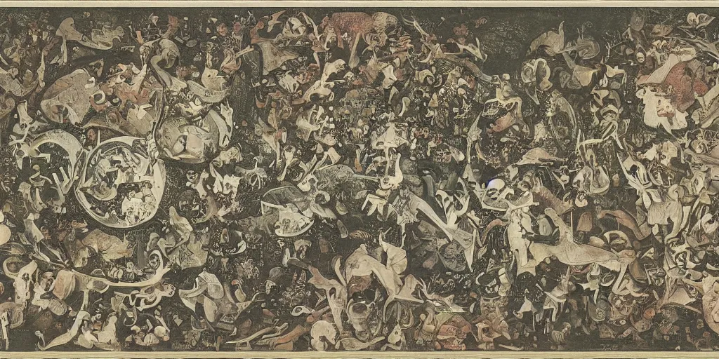 Image similar to full color gradient pattern of escher style 3 6 0 panorama with hieronymus bosch style bubble