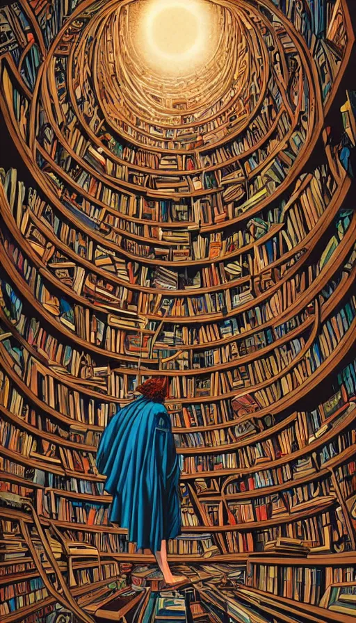 Prompt: The oracle of readers surrounded by ancient books, italian futurism, Dan Mumford, da vinci, Josan Gonzalez